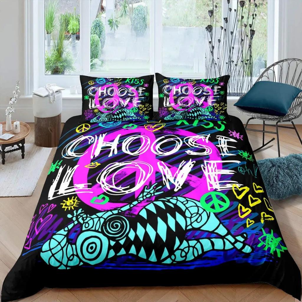 Boho Hippie Psychedelic Flowers Duvet Cover Colorful Peace Sign Bedding for Boys Girls Women Bedroom Decorative Rainbow Tie Dye