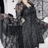 Vintage Gothic Schwarzes Spitzen-T-Shirt, elegantes Smock-Top mit ausgestellten Ärmeln, durchsichtig, sexy, abgeschnittene Tops, Cardigan, Streetwear