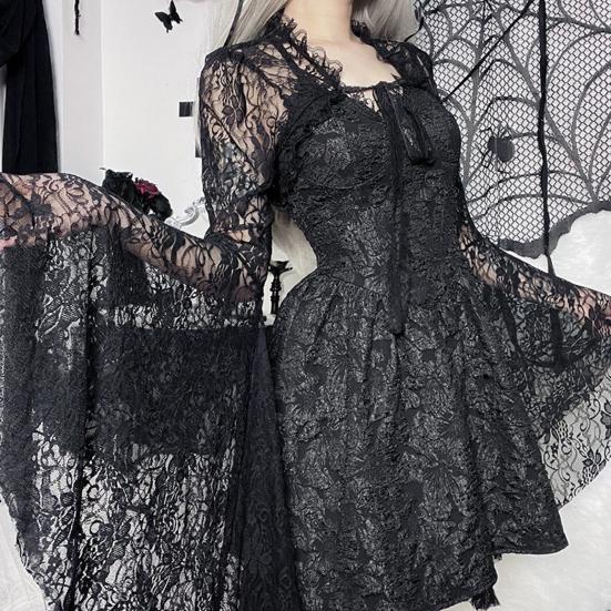 Vintage Gothic Schwarzes Spitzen-T-Shirt, elegantes Smock-Top mit ausgestellten Ärmeln, durchsichtig, sexy, abgeschnittene Tops, Cardigan, Streetwear