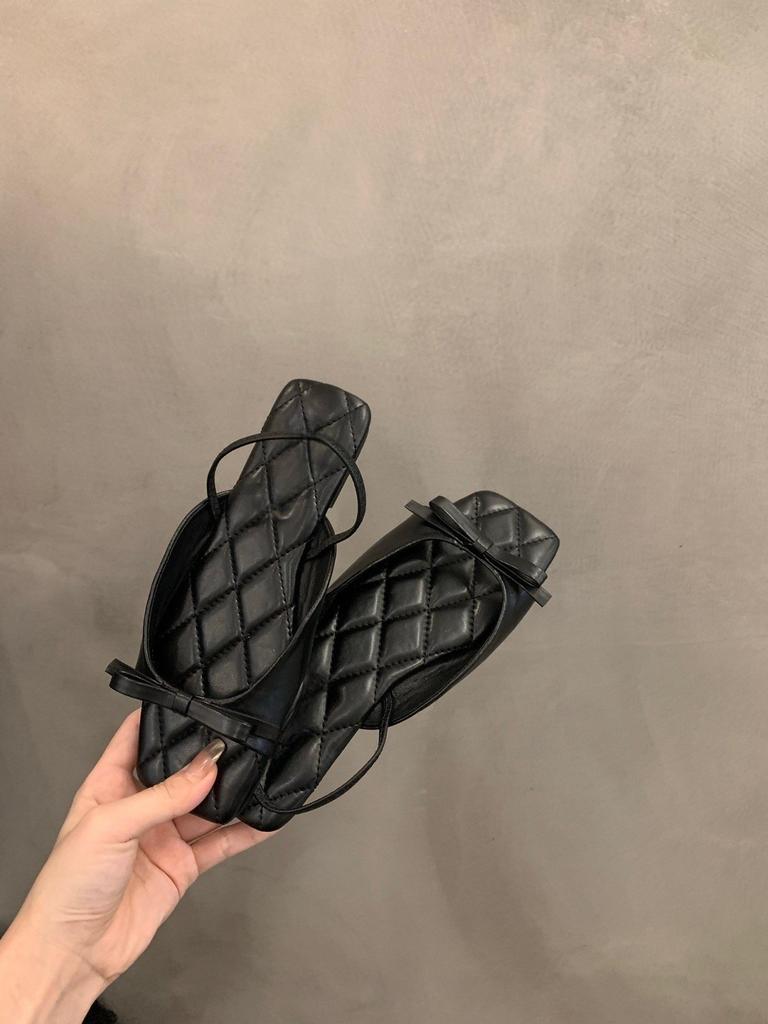 Niche French Black Open-toed Sandals Women's Shoes 2025 New Summer Bow Soft-soled Beach Roman Shoes