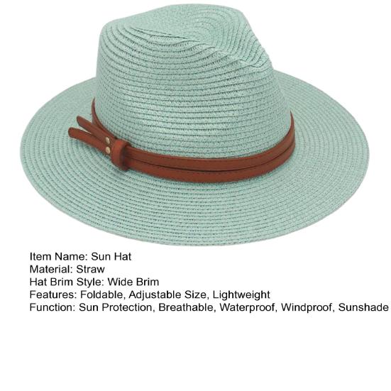 Women Jazz Hat Wide Brim Faux Leather Belt Decor Beach Straw Hat Adjustable Size UV Protection Foldable Summer Hat