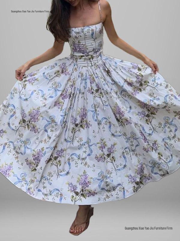 European-American Women's Retro Elegant French Style Spaghetti Strap Dress