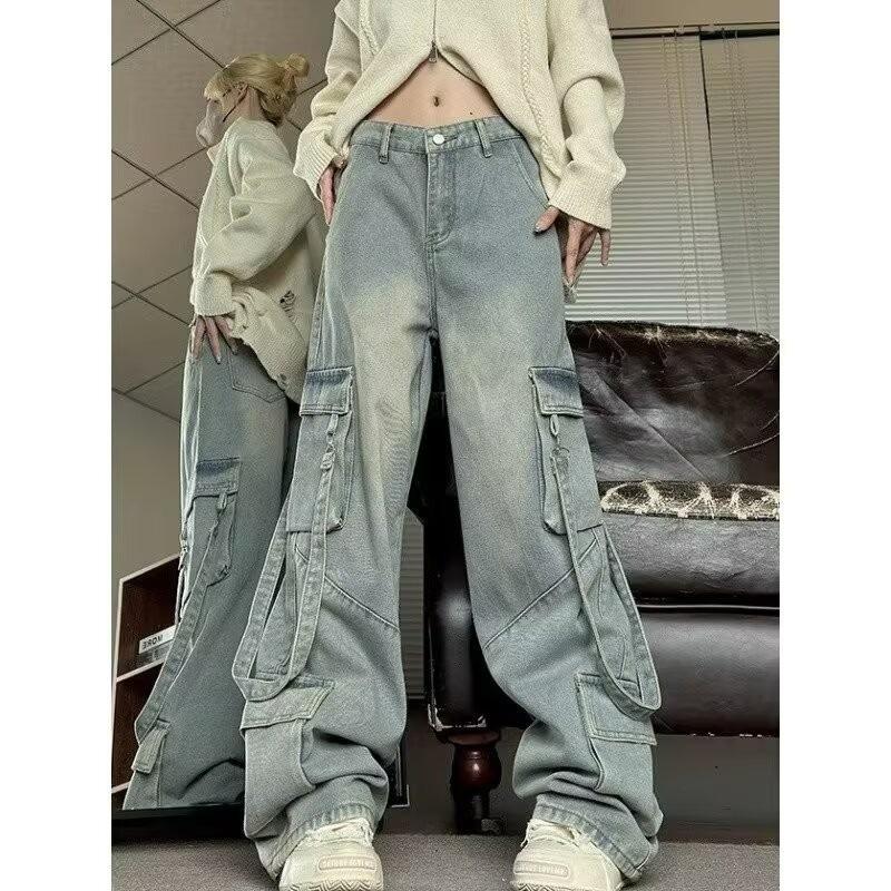 

American Style Women s Loose Fit Multi-Pocket Denim Overalls - 2024 Autumn Retro Wide Leg Jeans XL