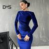 Lady Evening Dress Slim Fit Pleated Bateau Neck Long Sleeve Pure Color Midi Dress Sheath Calf Length Prom Cocktail Party Dress