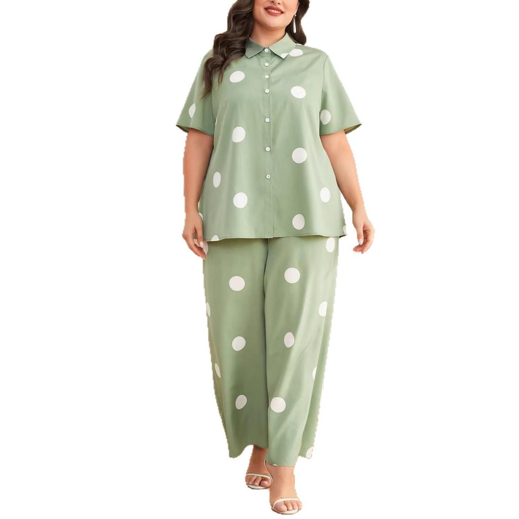 Plus Size Polka Dot Print Loose Shirt & Straight Casual Pants Set