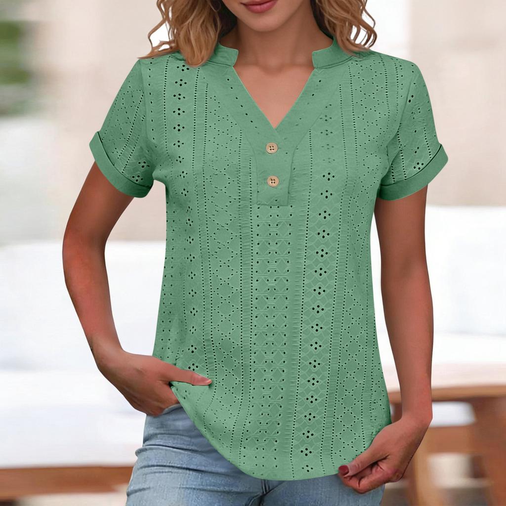 Women Short Sleeve Button Front Eyelet Embroidered Top V Neck Casual Blouse with Rolled Cuffs for Daily Wear