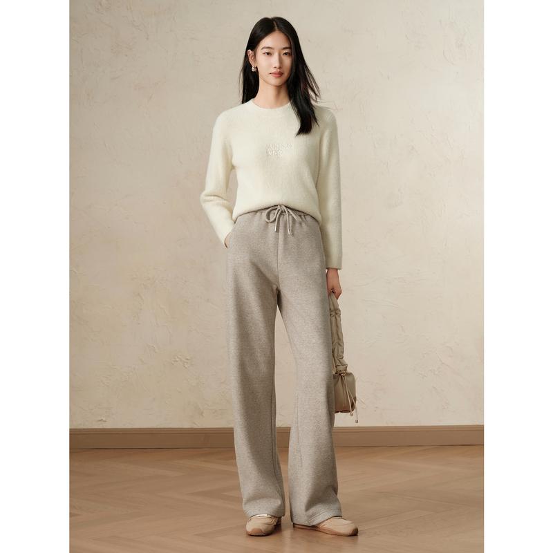 Jiuzi Anna Kou Simple Two Tone Thick Round Neck Knitted Loose Knitted Sweater for Women's 2024 Autumn New Collection