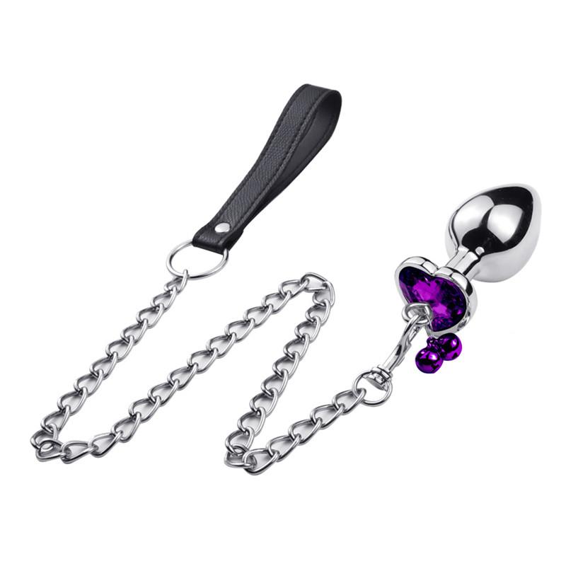 Crystal Heart Buttplug Stainless Steel Leash Chain Anal Plug Bells Pendant Prostate Massager SM Erotic Sex Toys For Women Men