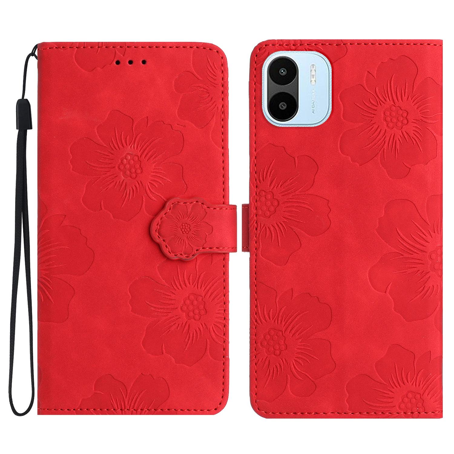 

For Xiaomi Redmi A1 4G/A2 4G Flowers Imprinted Phone Wallet Case PU Leather Stand Cover Red