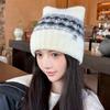 Fleece-lined Cat Ears Beanies Fair Isle Style Printing Knit Cap Cute Jacquard Knitted Hat  Winter
