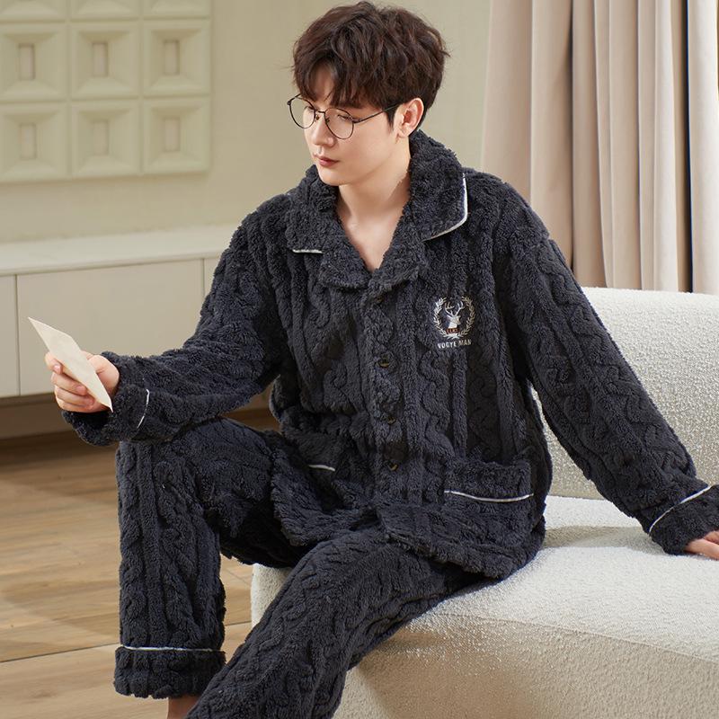 Herren Plüsch Dick Pyjama Set für Herbst/Winter – Warme Haus- & Outdoor-Bekleidung, Übergrößen verfügbar