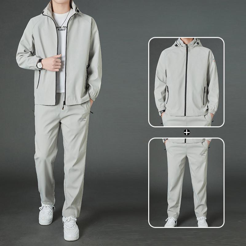 Men's Spring and Autumn 2-Piece Casual Suit - Hooded Utility Jacket + Matching Outerwear