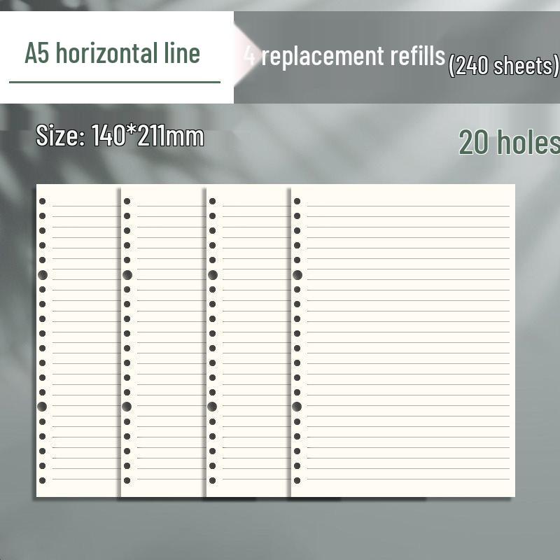 B5 Loose-Leaf Notebook Refill with 26-Hole and A5 Detachable Loose-Leaf Paper, 20-Hole Horizontal Line Grid for Exam Prep.