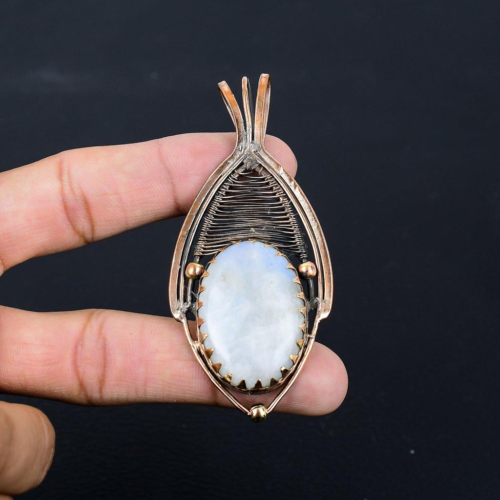 Moonstone Gemstone Pure Copper Wire Wrapped Handmade Pendant Jewelry Gift For Her