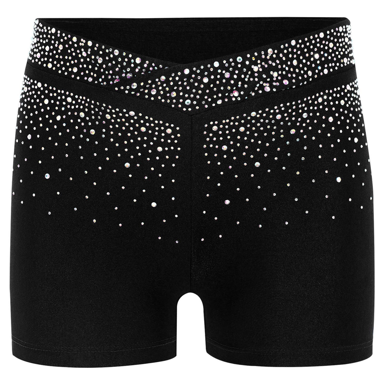 Mädchen Funkelnde Strasssteine Shorts V-Form Elastischer Bund Eiskunstlauf Tanz Gymnastik Akrobatik 5-6 Years schwarz