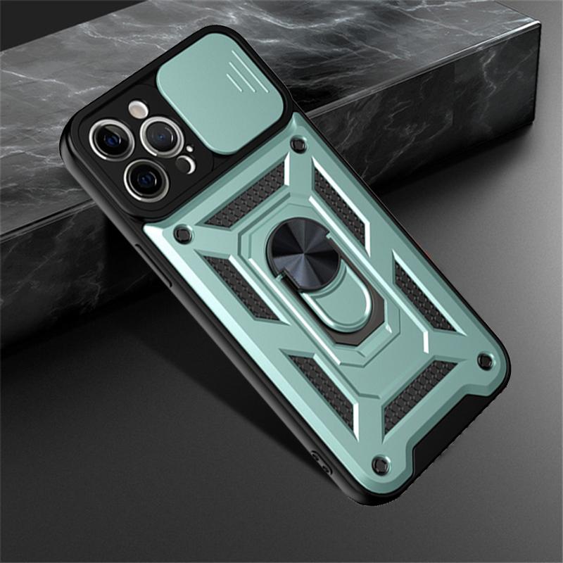 Luxury Slide Camera Lens Phone Case For iPhone 13 12 11 Pro Max X XR XS Max 8 7 6S 6 Plus Military Grade Shockproof Armor Finger Ring Stand Cover
