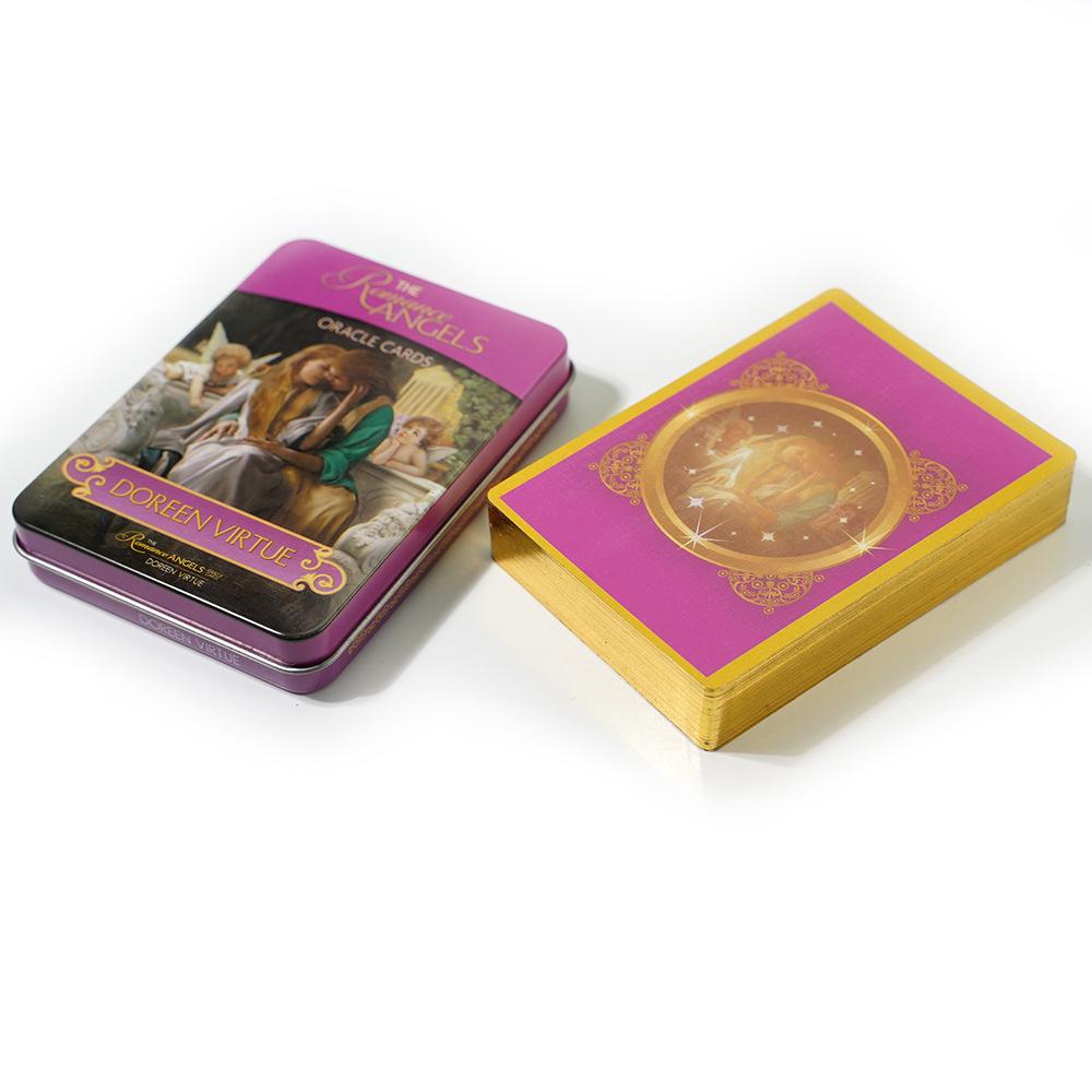 Das Orakel-Tarot-Deck „The Romance Angels“ in einer Blechdose mit vergoldetem Rand für die Wahrsagespielkarte