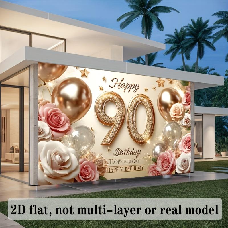 2D Flat 1 90th Birthday Party Polyester Background - Elegant Gold and Pink Balloons Rose Design Birthday Party Decoration