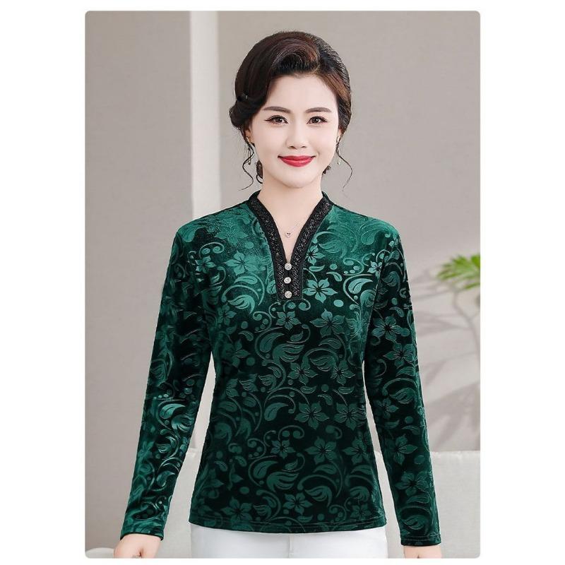 Top Tricou cu Mânecă Lungă, Slim, la Modă, cu Gât în V, cu Nasturi și Imprimeu, pentru Toamnă