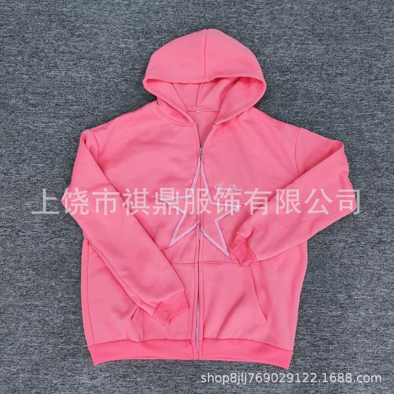 Womens Loose Zip Up Hooded Sweatshirt Star Patch Embroidery Streetwear Jacket