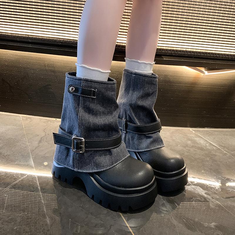 [Fanfna] Thick-soled trouser tube boots women's pile boots 2025 autumn new western cowboy short boots big head Martin boots