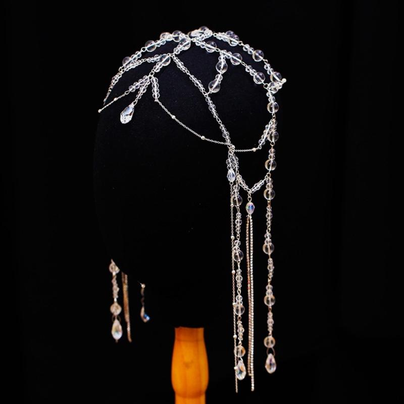 Long Tassel Water Drop Crystal Women Head Chains Clear Bead Forehead Headbands Wedding Party Fairy Ornaments Hairband