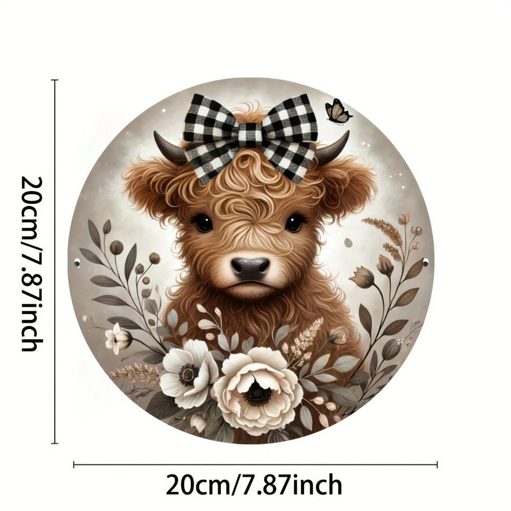 Metal Art Wall Decor Highland Cow Floral Wreath Round Sign Farmhouse Home Kitchen Gift