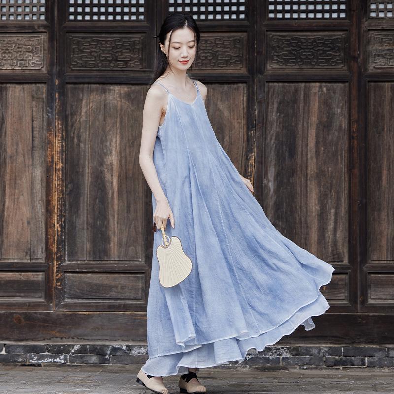 2025 Summer Dark Silent Willow Patchwork Camisole Dress with Large Hem
