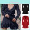 Elegant 128 Digital Print Irregular Ruffle Hem Polka Dot Deep V Chiffon Dress For Stylish Adults