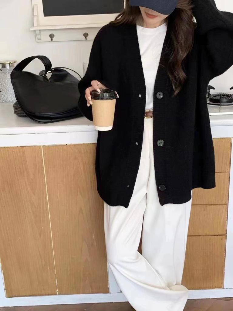 2025 Jaro/Podzim Dámský Volný Červený Pletený Kardigan - Korejský Styl Všestranný Svršek Svetr