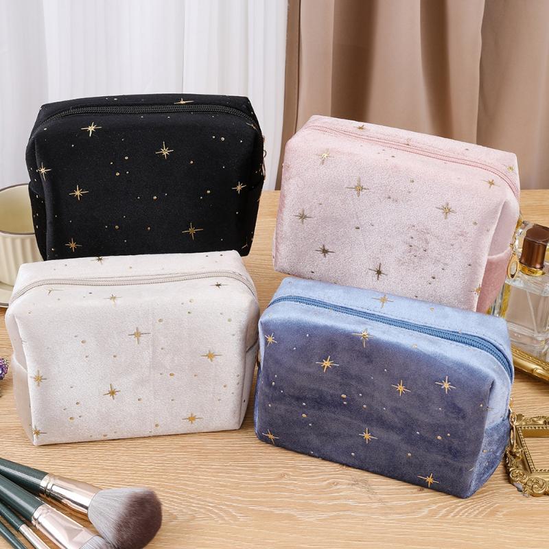 Cosmetic Pouch Spacious Velvet Cosmetic Bag Travel Toiletry Organizer With Star Pattern Portable Makeup Case For Lipstick