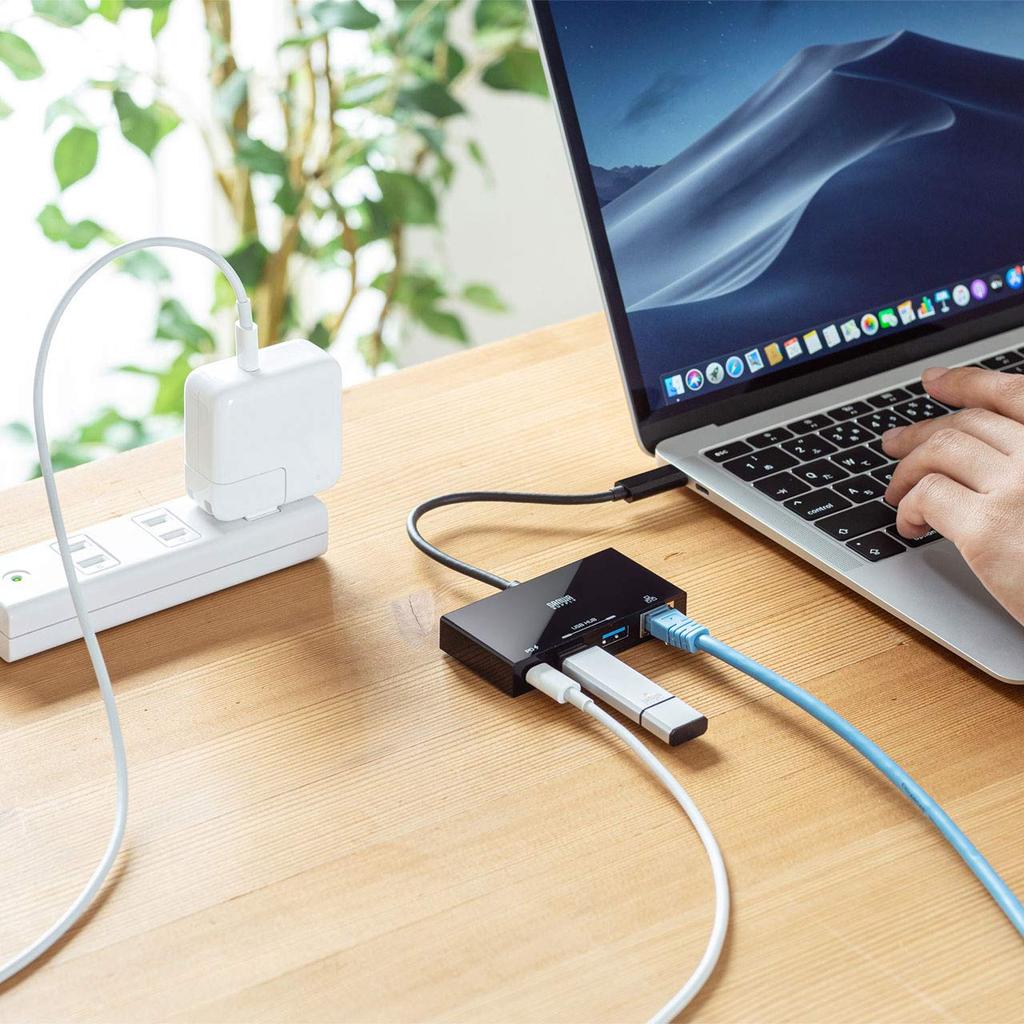 Sanwa Supply USB Hub with LAN Adapter Function USB 2 USB 1 Type-C (1 Type-C, A, RJ-45 Port) USB-3TCH20BK