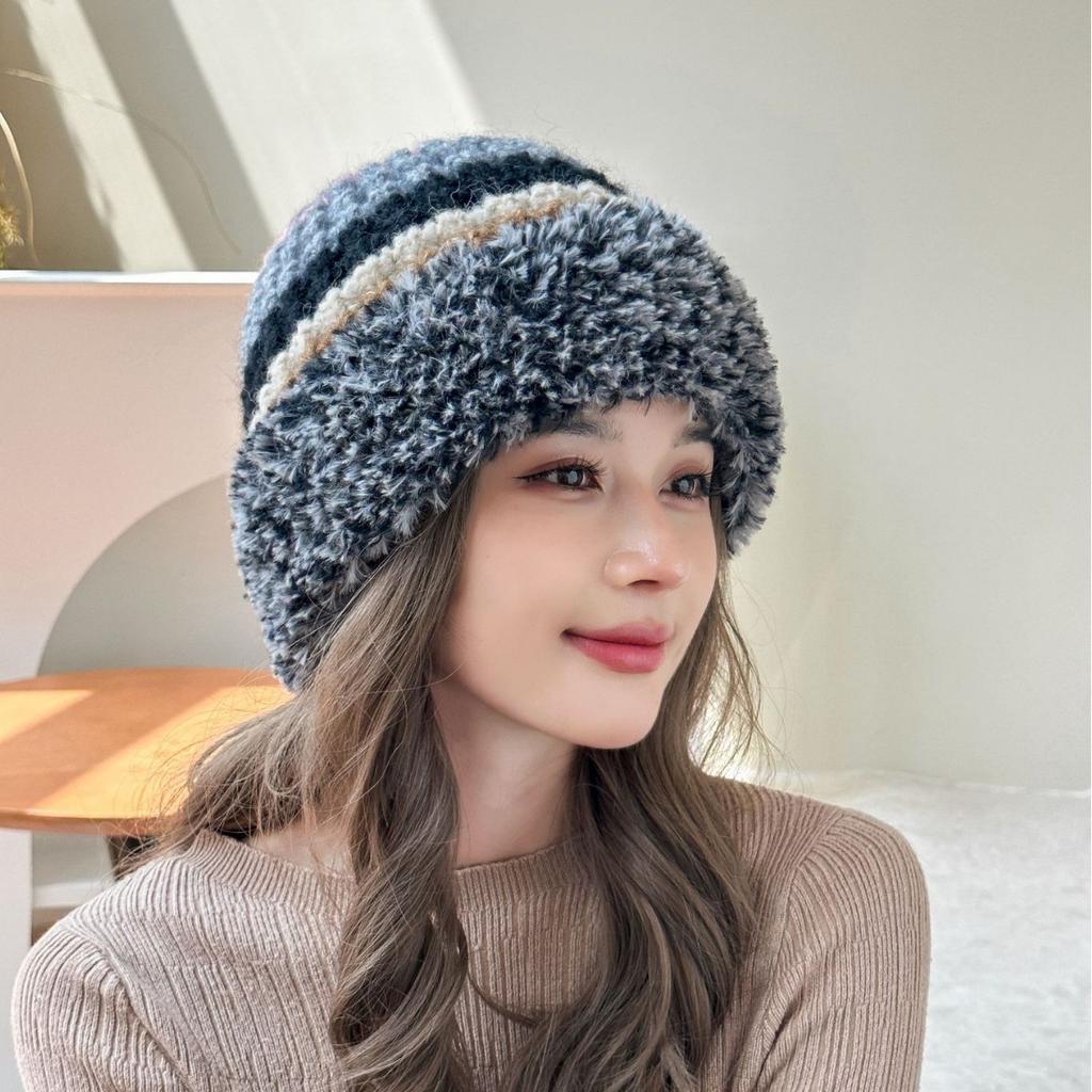 Knitted Hat for Women Thickened Plush Thread Hat  Big Head Flange Plush Edge Warm Hat