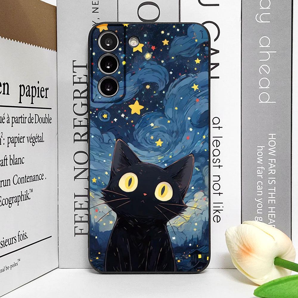 Künstlerische Schwarze Katze Sternennacht Handyhülle für Samsung S24 S23 S22 S21 S20FE Plus Ultra Cover für Samsung Galaxy S25 Edge Fundas
