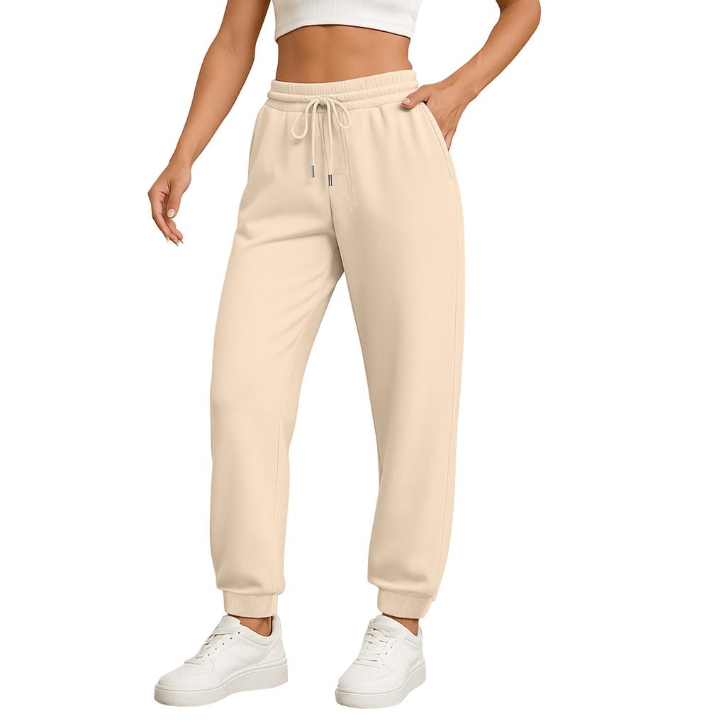 Ladies' Fashionable Solid Color Straight Leg Pants With High Waist Drawstring Pockets And Elastic Waist Casual Pants