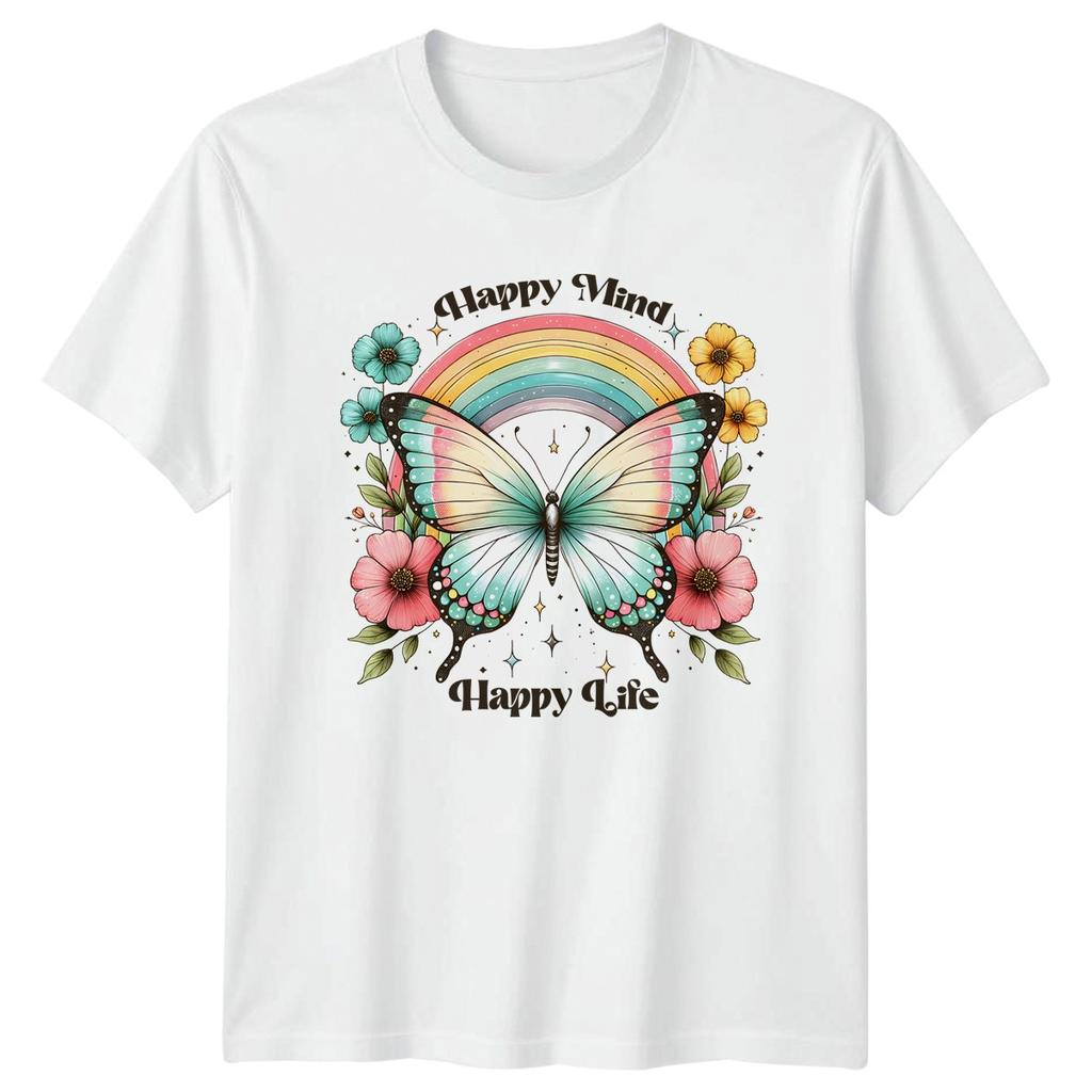 Happy Mind Happy Life Unisexs TShirt Butterfly Floral Nature Wellness