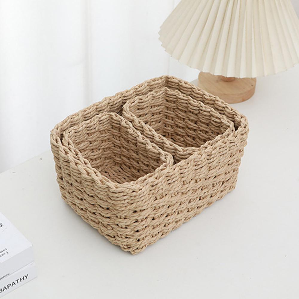 3pcs Handmade Straw Woven Soft Storage Round Paper Rope Storage Basket for Organizing Decorative Storage Bins Office Storage Box