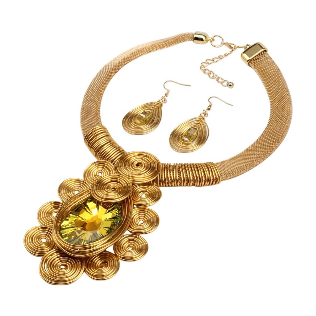 Crystal Pendant Necklace Earrings for Women Chunky Statement Flower Festival Ethnic Tribal Jewelry Accessories