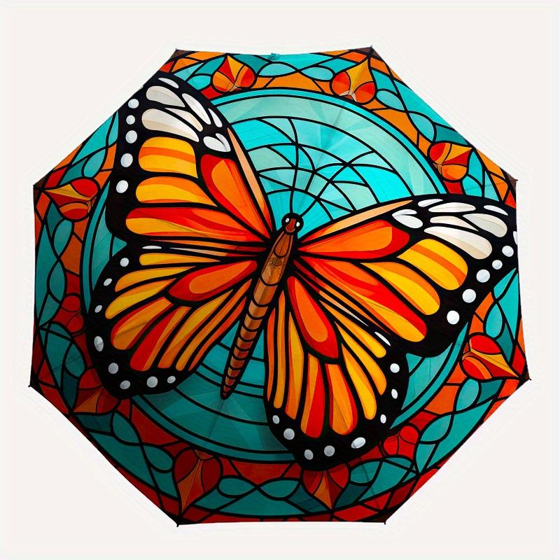Stained Butterfly Wall Art DecorUmbrella, Portable 3-Fold Compact Umbrella for Men & Women Gift