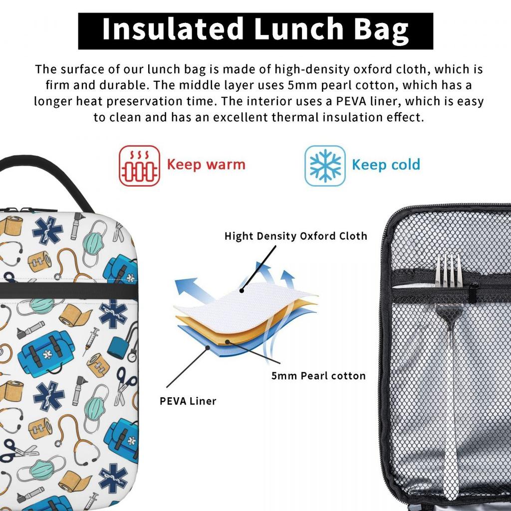 Medical Equipment Pattern Insulated Lunch Bag for Kids School Cooler Thermal Food Box Tote Portable Lunch Boxes Container