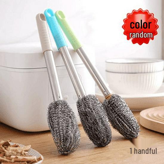 Long-Handle Rustproof Steel Wool Brush - Gentle On Hands, Ideal for Cleaning Pots, Bottles, Cans, Bowls, and Stovetops Without Shedding Residue