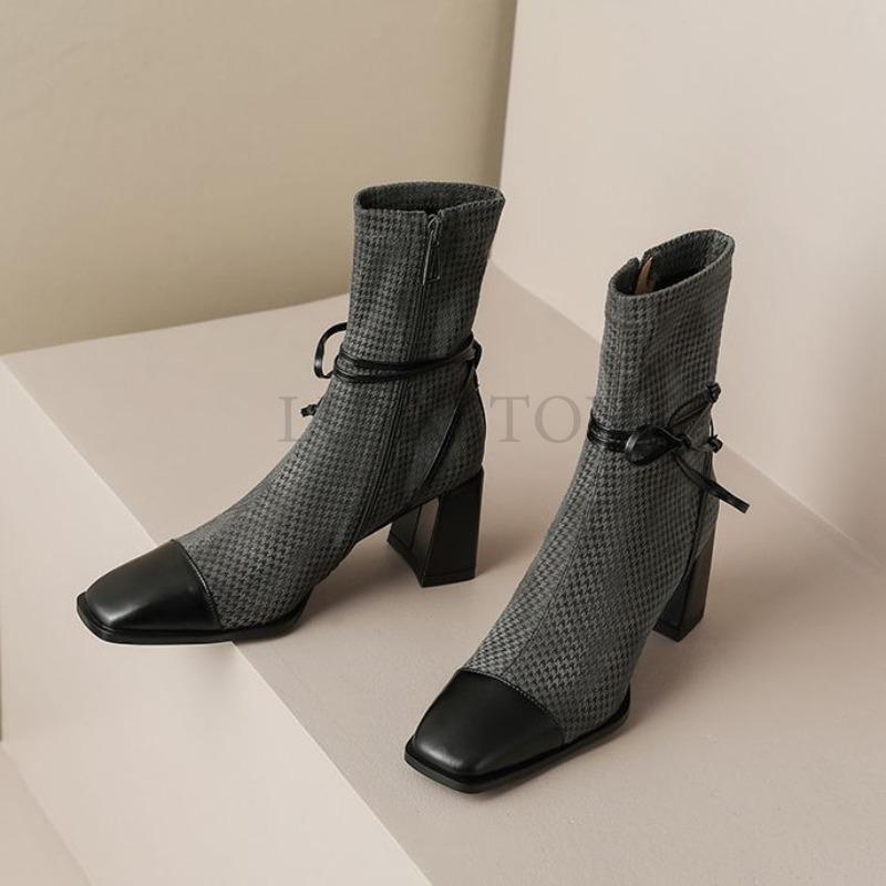 Rutete tykk hæl side glidelås Firkantet tå Høyhæl korte støvler for kvinner høst og vinter enkeltstøvler for kvinner støvler