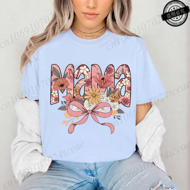 Floral Coquette T-Shirt,Pink Bow Tee Floral Mama T-Shirt for Women Vintage Retro Mama Shirt Wildflowers Mama Women's Clothing