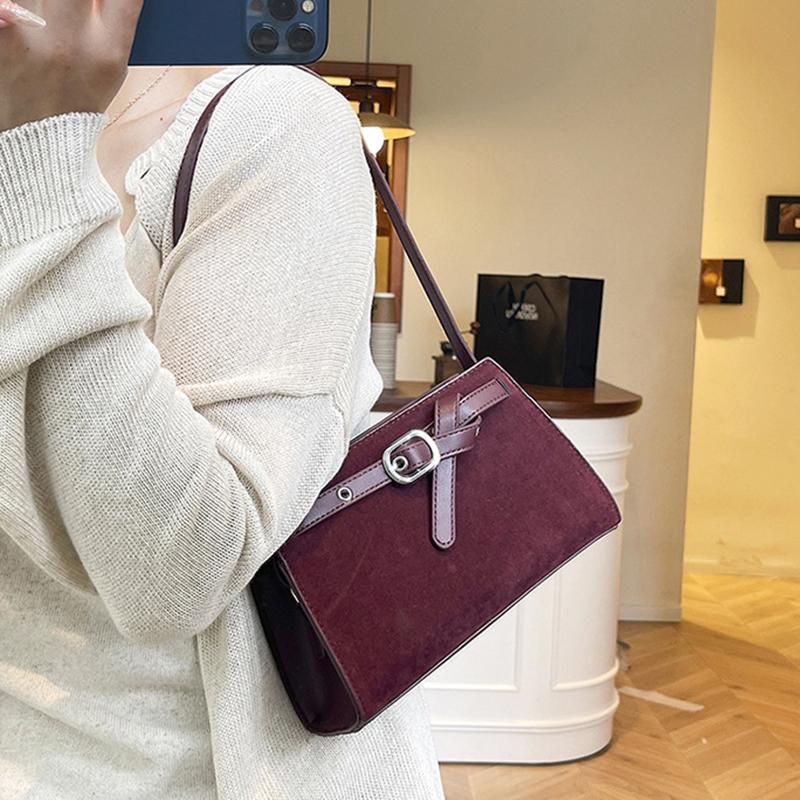 Yogodlns Retro Suede One Shoulder Bags for Women Early Autumn Square Frosted Solid Zipper Crossbody Bag Versatile Commute Handbags