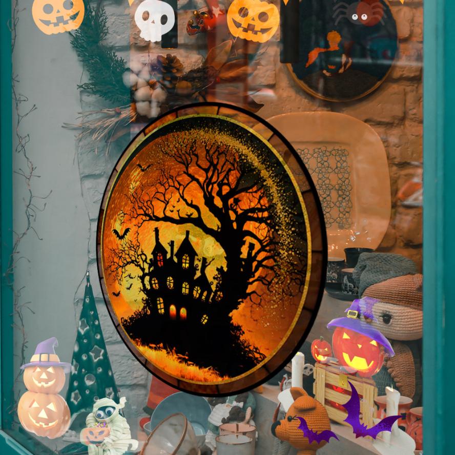 1 Pcs Halloween Home Party Decoration Stained Horror Castle Cat Static PVC Window Glass Stickers Glue Free Decorative