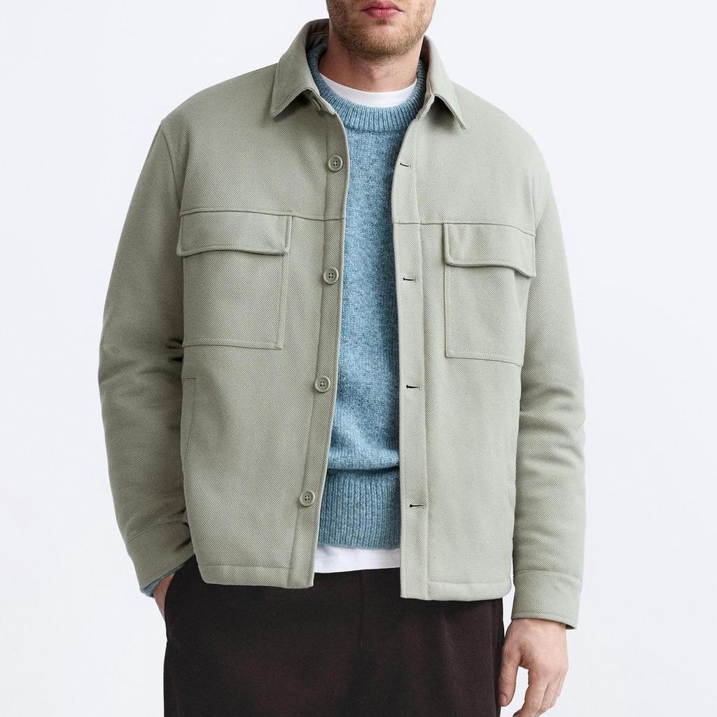 Zara Solid Color Pocket Detail Casual Long Sleeve Jacket Men jackets Dark-Green 3918500-527