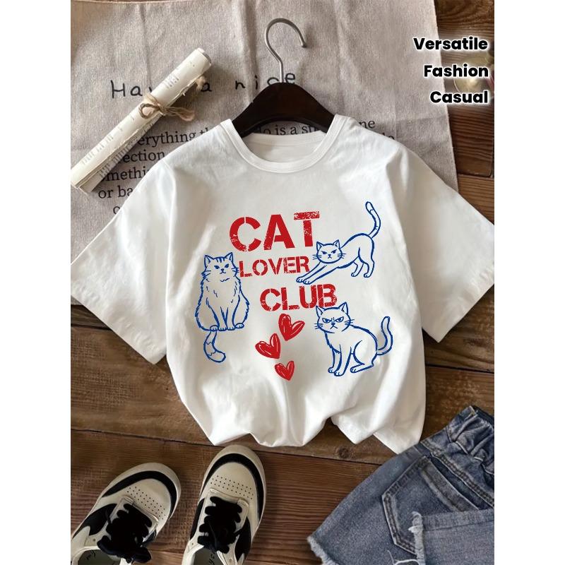 European sizes [Girls  Cat Print T-Shirt] Casual and Refreshing  Cat Lovers Club  Cat Print Short-sleeved T-shirt for Girls 110
