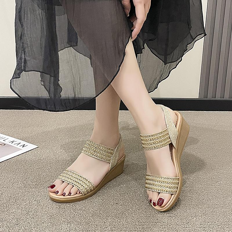 Summer Slope Heel Sandals Women New Round Head Glitter Set Foot Soft Sole Anti-slip Wear Heel Shoes