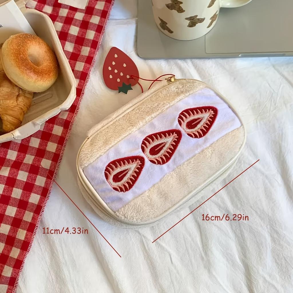 1Pc Strawberry Embroidery Makeup Bag With Checkered Lining Portable Cosmetic Pouch Cute /Korean Style Embroidered Bag For Travel