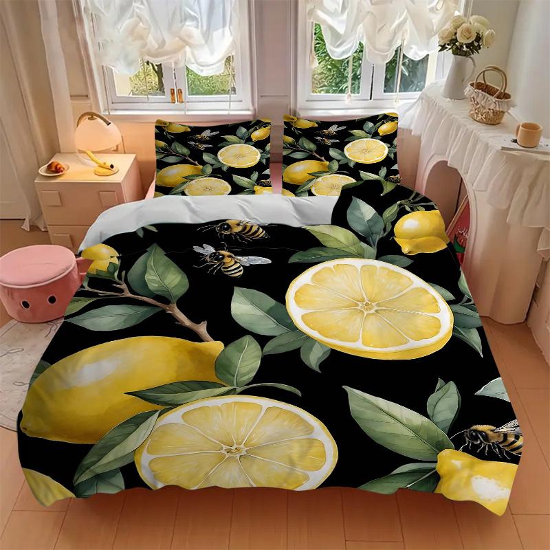 3pcs Yellow Lemons and Bees Bedding Set, Including 1 Quilt Cover and 2 Pillow Shams, Without Filling, Soft and Comfortable Home Bedroom Fabr